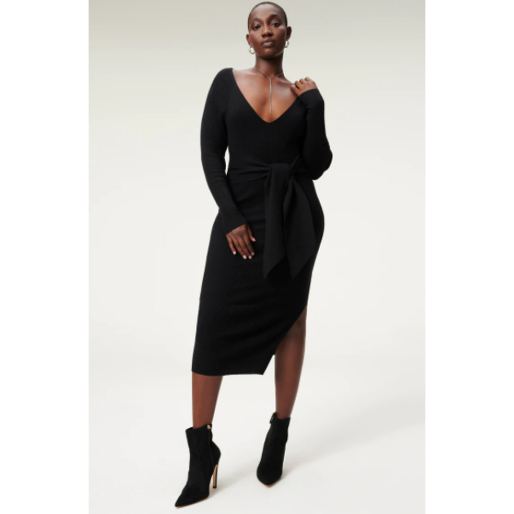 Good American Long Sleeve Belted Body Dress black ribbed size XL